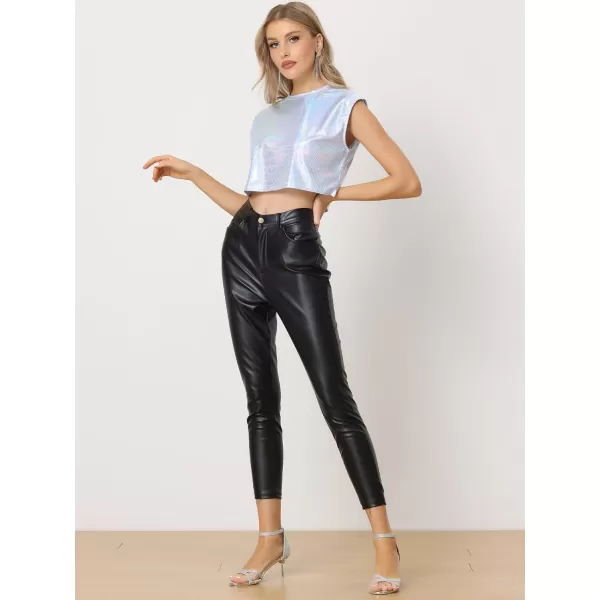 Allegra K Metallic Sleeveless Top for Women's Party Shiny Round Neck Crop Holographic Tops