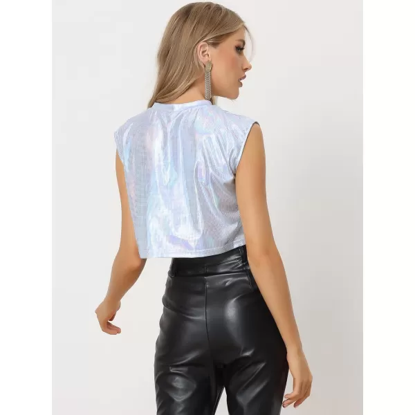 Allegra K Metallic Sleeveless Top for Women's Party Shiny Round Neck Crop Holographic Tops