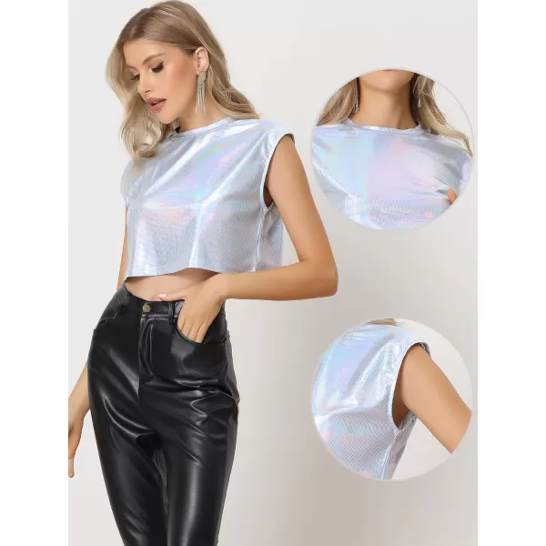 Allegra K Metallic Sleeveless Top for Women's Party Shiny Round Neck Crop Holographic Tops