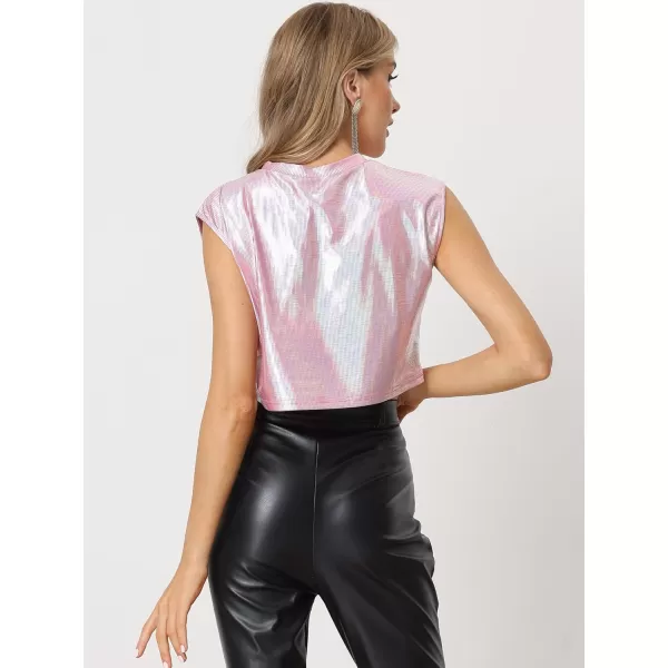 Allegra K Metallic Sleeveless Top for Women's Party Shiny Round Neck Crop Holographic Tops