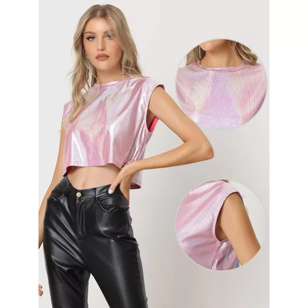 Allegra K Metallic Sleeveless Top for Women's Party Shiny Round Neck Crop Holographic Tops