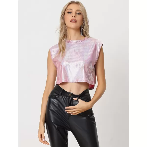 Allegra K Metallic Sleeveless Top for Women's Party Shiny Round Neck Crop Holographic Tops