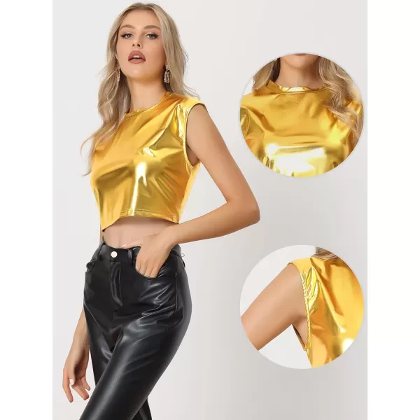 Allegra K Metallic Sleeveless Top for Women's Party Shiny Round Neck Crop Holographic Tops