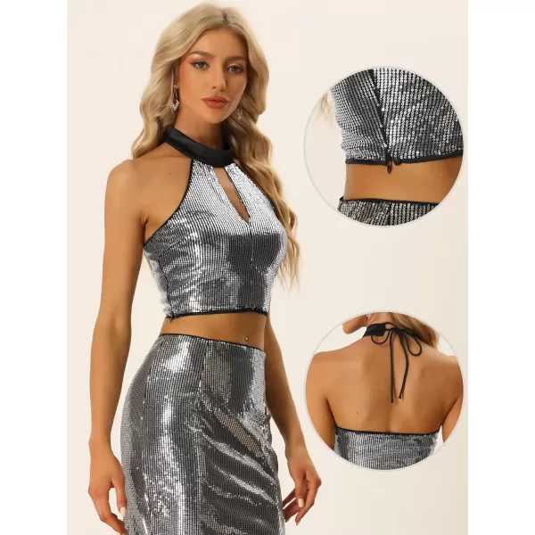 Allegra K Sequin Crop Top for Women's Sparkly Halter Neck Keyhole Sleeveless Glitter Party Top