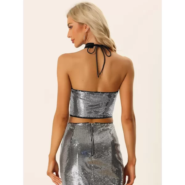 Allegra K Sequin Crop Top for Women's Sparkly Halter Neck Keyhole Sleeveless Glitter Party Top