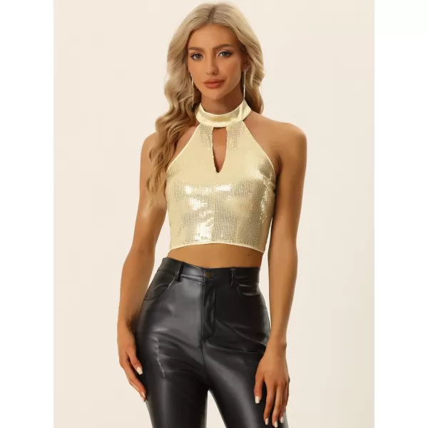 Allegra K Sequin Crop Top for Women's Sparkly Halter Neck Keyhole Sleeveless Glitter Party Top