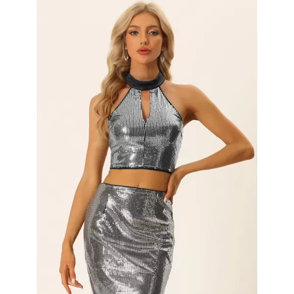 Allegra K Sequin Crop Top for Women's Sparkly Halter Neck Keyhole Sleeveless Glitter Party Top