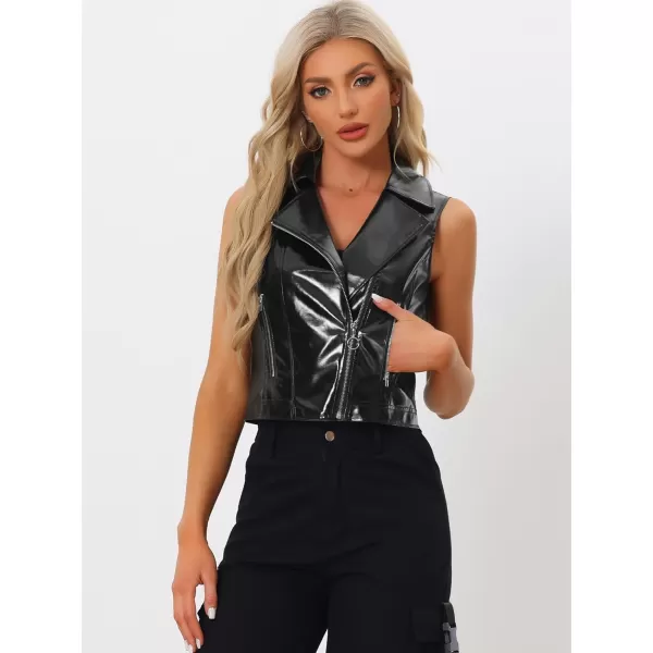 Allegra K Women's Metallic Faux Leather Vest Lapel Collar Zip Halloween Sleeveless Cropped Jacket