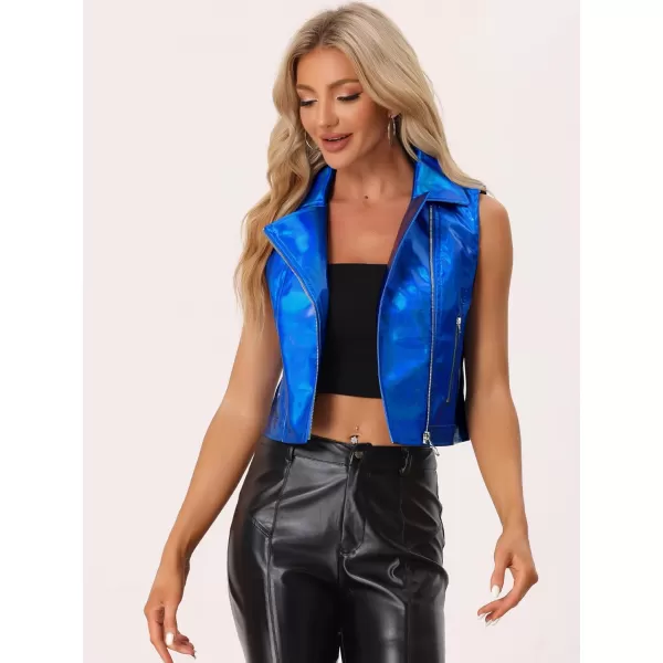 Allegra K Women's Metallic Faux Leather Vest Lapel Collar Zip Halloween Sleeveless Cropped Jacket