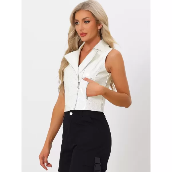 Allegra K Women's Metallic Faux Leather Vest Lapel Collar Zip Halloween Sleeveless Cropped Jacket