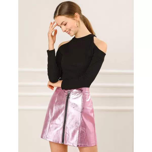 Allegra K Women's Metallic Mini Skirt Shiny Holographic High Waist Zipper Short Skirts