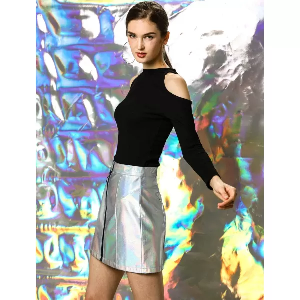 Allegra K Women's Metallic Mini Skirt Shiny Holographic High Waist Zipper Short Skirts