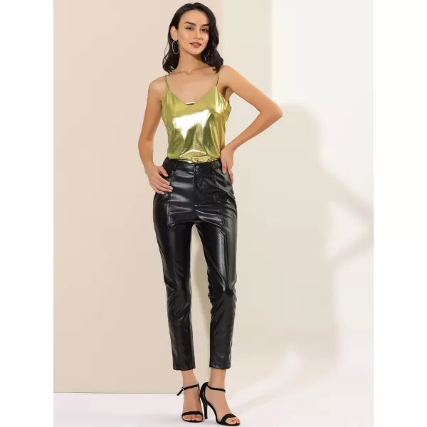 Allegra K Women's Metallic Shiny Party Tank Top Deep V Camisole Tops