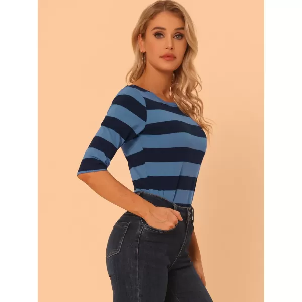 Allegra K Women's Slim Fit Elbow Sleeve Striped Boat Neck T-Shirt