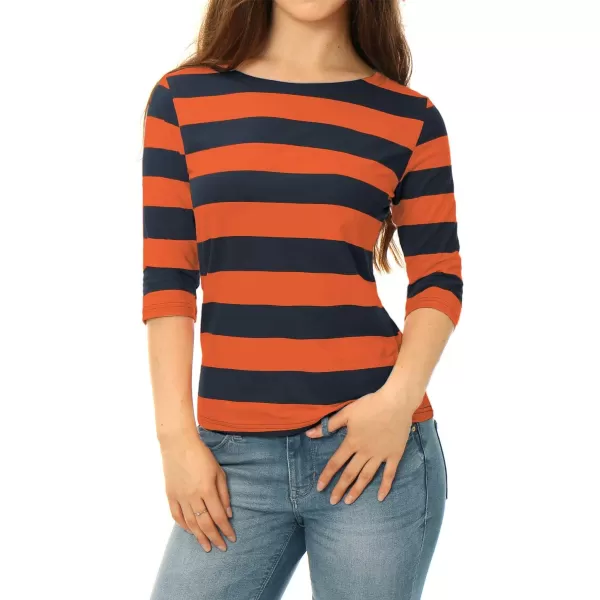 Allegra K Women's Slim Fit Elbow Sleeve Striped Boat Neck T-Shirt