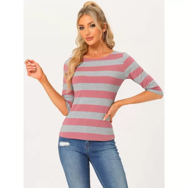 Allegra K Women's Slim Fit Elbow Sleeve Striped Boat Neck T-Shirt