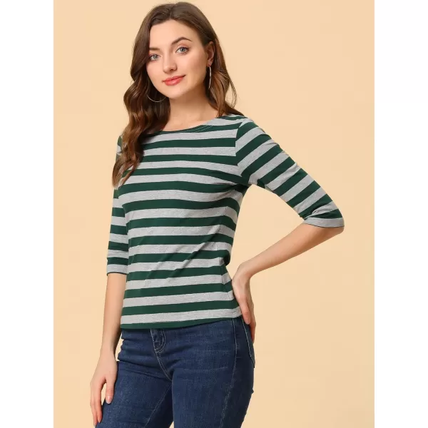 Allegra K Women's Slim Fit Elbow Sleeve Striped Boat Neck T-Shirt