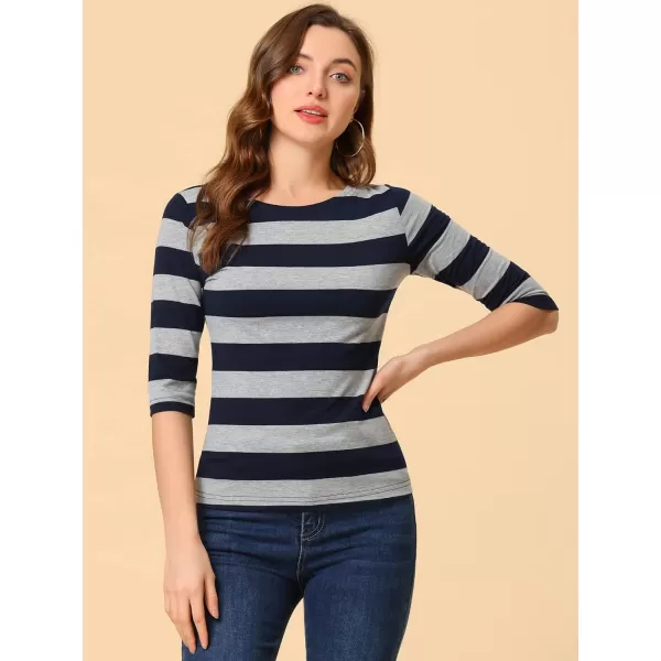 Allegra K Women's Slim Fit Elbow Sleeve Striped Boat Neck T-Shirt