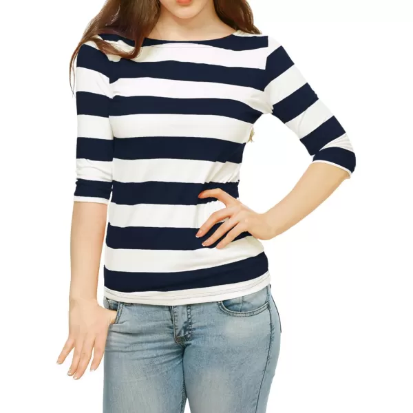 Allegra K Women's Slim Fit Elbow Sleeve Striped Boat Neck T-Shirt