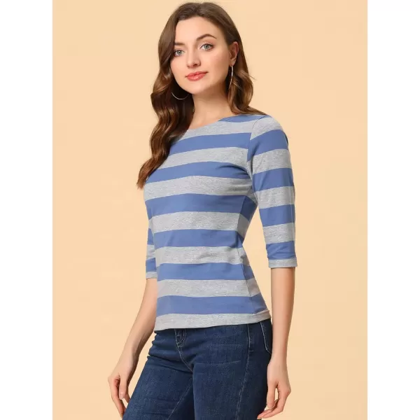 Allegra K Women's Slim Fit Elbow Sleeve Striped Boat Neck T-Shirt