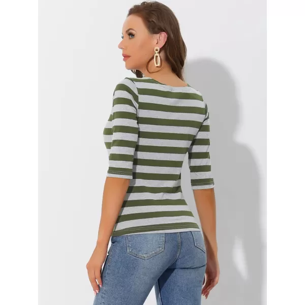 Allegra K Women's Slim Fit Elbow Sleeve Striped Boat Neck T-Shirt