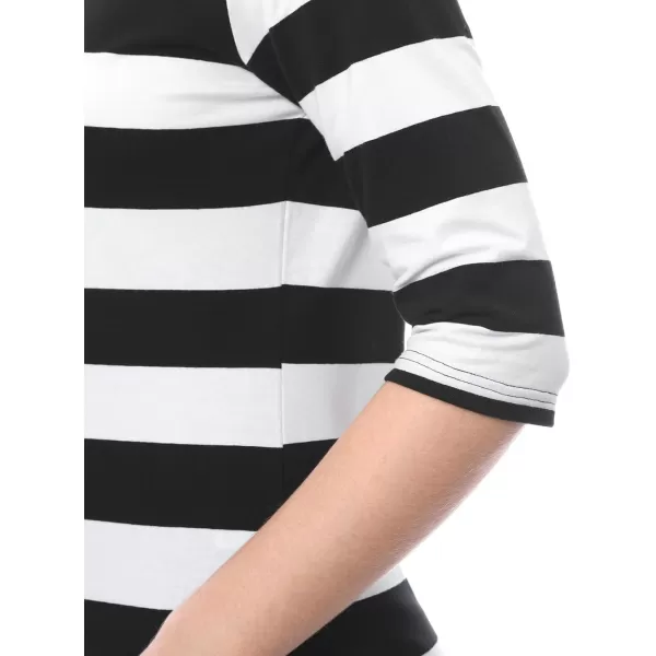 Allegra K Women's Slim Fit Elbow Sleeve Striped Boat Neck T-Shirt