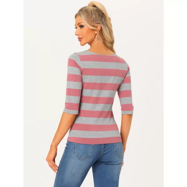 Allegra K Women's Slim Fit Elbow Sleeve Striped Boat Neck T-Shirt