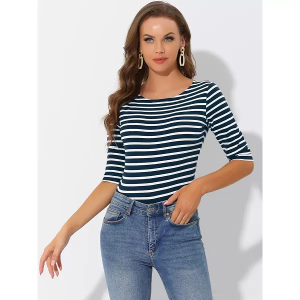 Allegra K Women's Slim Fit Elbow Sleeve Striped Boat Neck T-Shirt