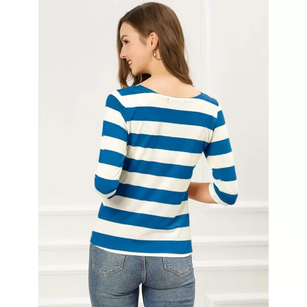 Allegra K Women's Slim Fit Elbow Sleeve Striped Boat Neck T-Shirt