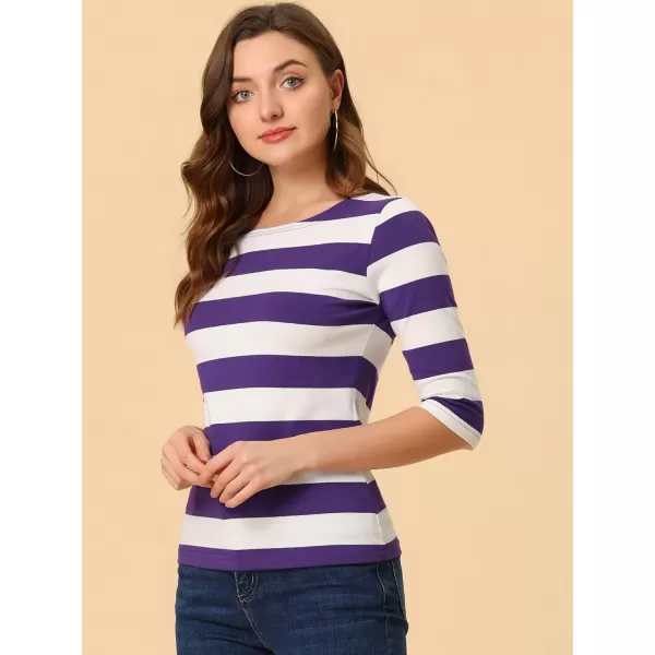 Allegra K Women's Slim Fit Elbow Sleeve Striped Boat Neck T-Shirt