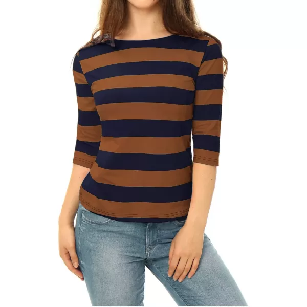 Allegra K Women's Slim Fit Elbow Sleeve Striped Boat Neck T-Shirt