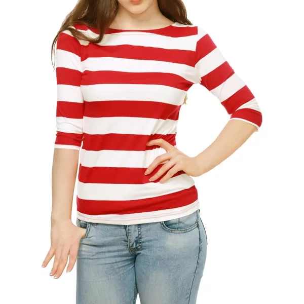 Allegra K Women's Slim Fit Elbow Sleeve Striped Boat Neck T-Shirt