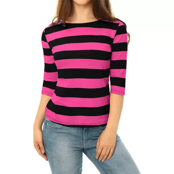 Allegra K Women's Slim Fit Elbow Sleeve Striped Boat Neck T-Shirt