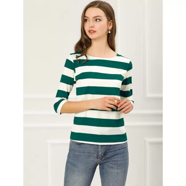 Allegra K Women's Slim Fit Elbow Sleeve Striped Boat Neck T-Shirt