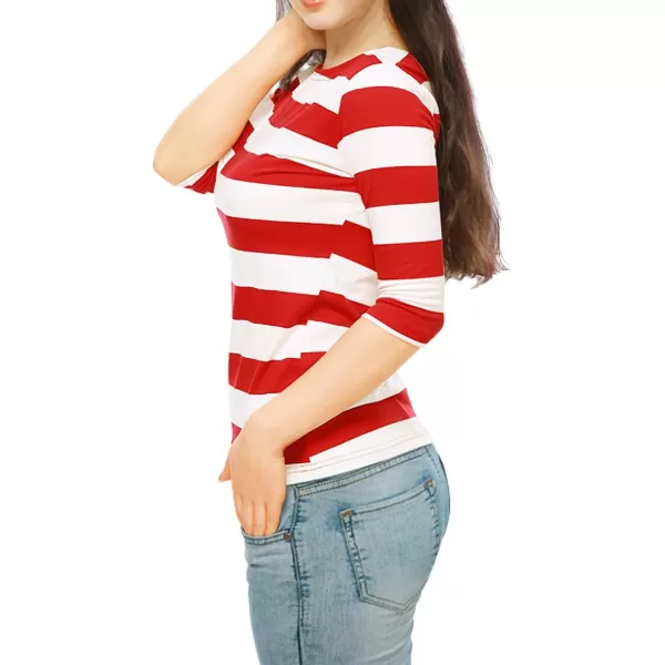 Allegra K Women's Slim Fit Elbow Sleeve Striped Boat Neck T-Shirt