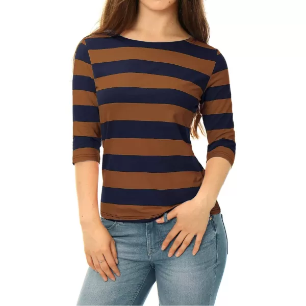 Allegra K Women's Slim Fit Elbow Sleeve Striped Boat Neck T-Shirt