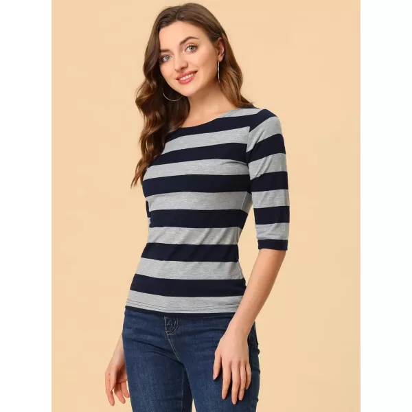 Allegra K Women's Slim Fit Elbow Sleeve Striped Boat Neck T-Shirt