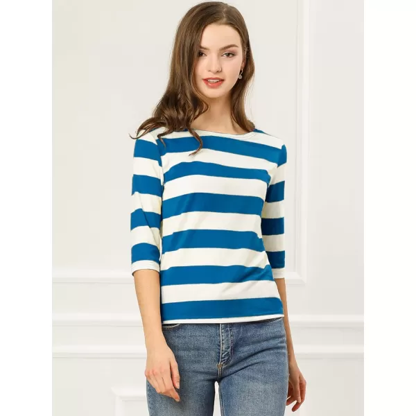 Allegra K Women's Slim Fit Elbow Sleeve Striped Boat Neck T-Shirt