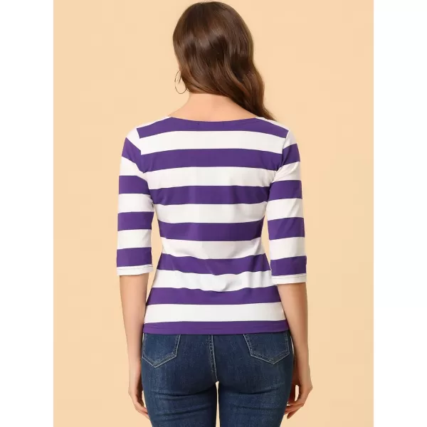 Allegra K Women's Slim Fit Elbow Sleeve Striped Boat Neck T-Shirt