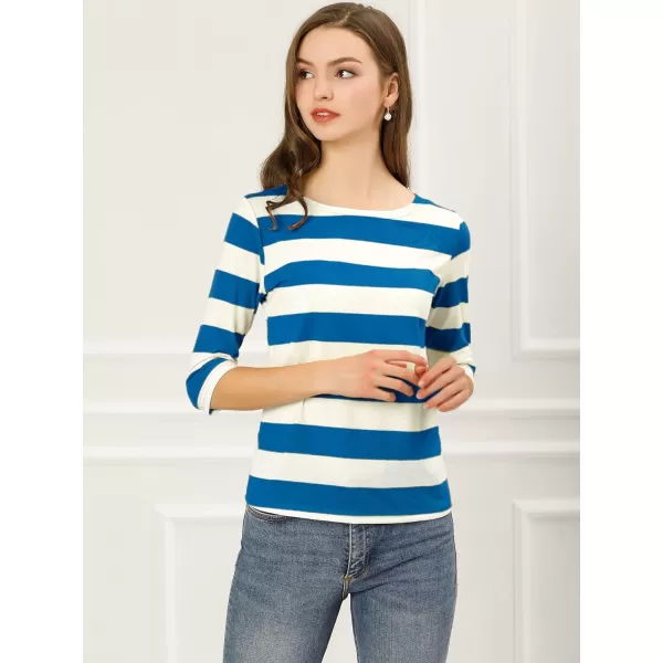 Allegra K Women's Slim Fit Elbow Sleeve Striped Boat Neck T-Shirt