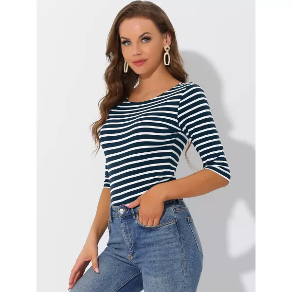 Allegra K Women's Slim Fit Elbow Sleeve Striped Boat Neck T-Shirt