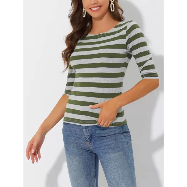 Allegra K Women's Slim Fit Elbow Sleeve Striped Boat Neck T-Shirt