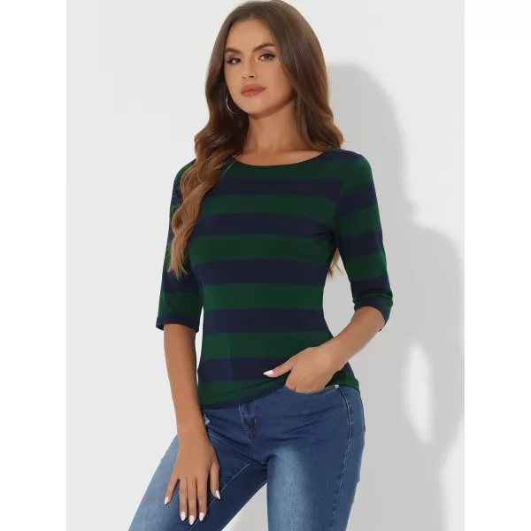 Allegra K Women's Slim Fit Elbow Sleeve Striped Boat Neck T-Shirt