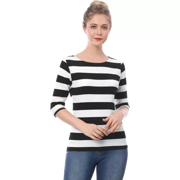 Allegra K Women's Slim Fit Elbow Sleeve Striped Boat Neck T-Shirt