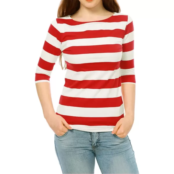 Allegra K Women's Slim Fit Elbow Sleeve Striped Boat Neck T-Shirt