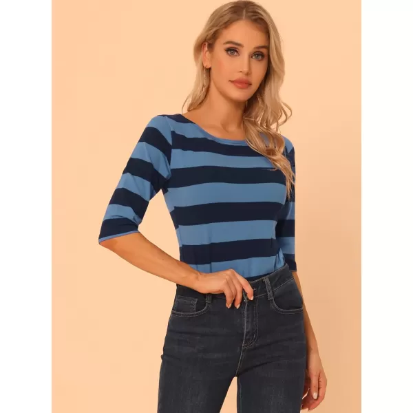 Allegra K Women's Slim Fit Elbow Sleeve Striped Boat Neck T-Shirt