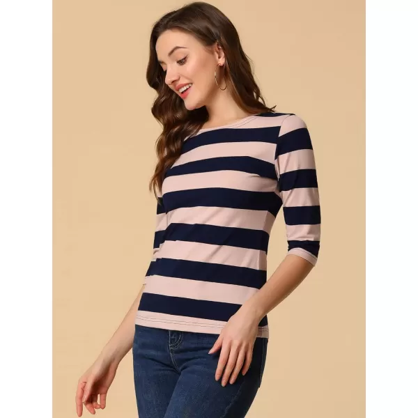 Allegra K Women's Slim Fit Elbow Sleeve Striped Boat Neck T-Shirt