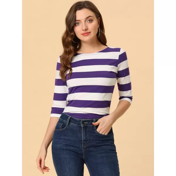 Allegra K Women's Slim Fit Elbow Sleeve Striped Boat Neck T-Shirt