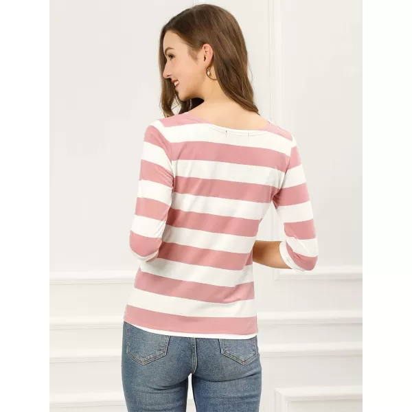 Allegra K Women's Slim Fit Elbow Sleeve Striped Boat Neck T-Shirt