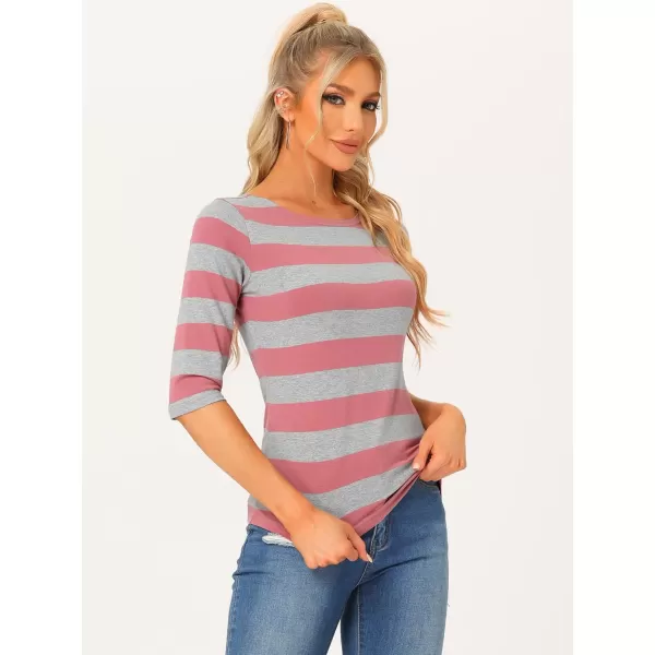 Allegra K Women's Slim Fit Elbow Sleeve Striped Boat Neck T-Shirt